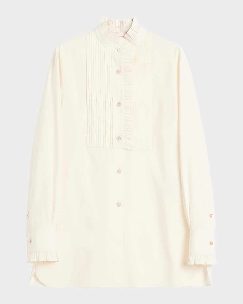 Pleated-Bib Ruffle Silk Shirt